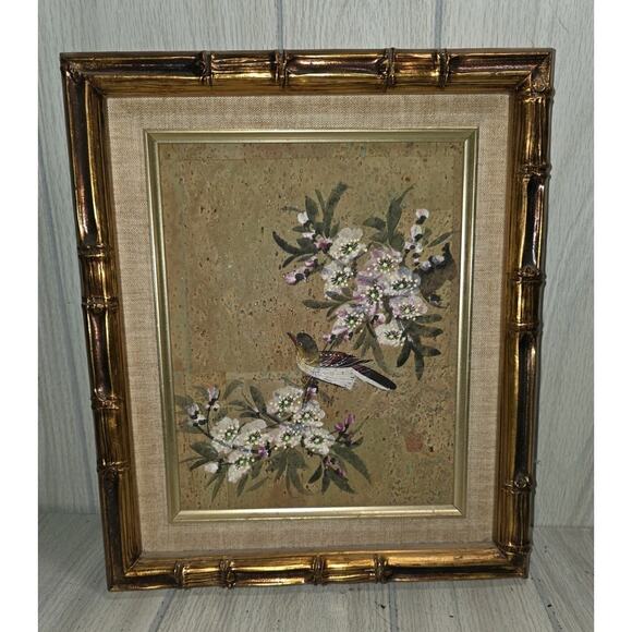 Vtg Asian Chinese Painting Cork Paper Bird Flowers Professionally Framed Signed - Picture 1 of 9